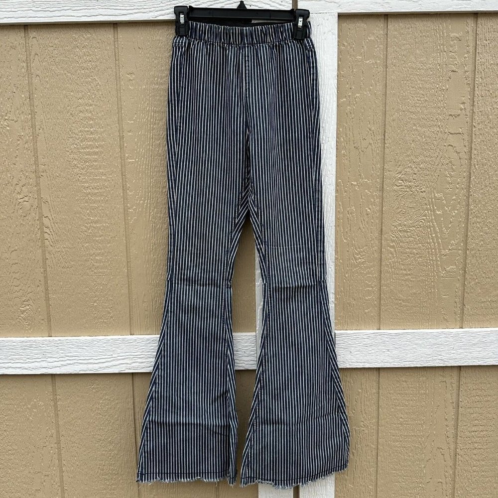 Altar'd State Bell Bottom Flare Blue White Stripe Pull On Jeans Size XS Stretch